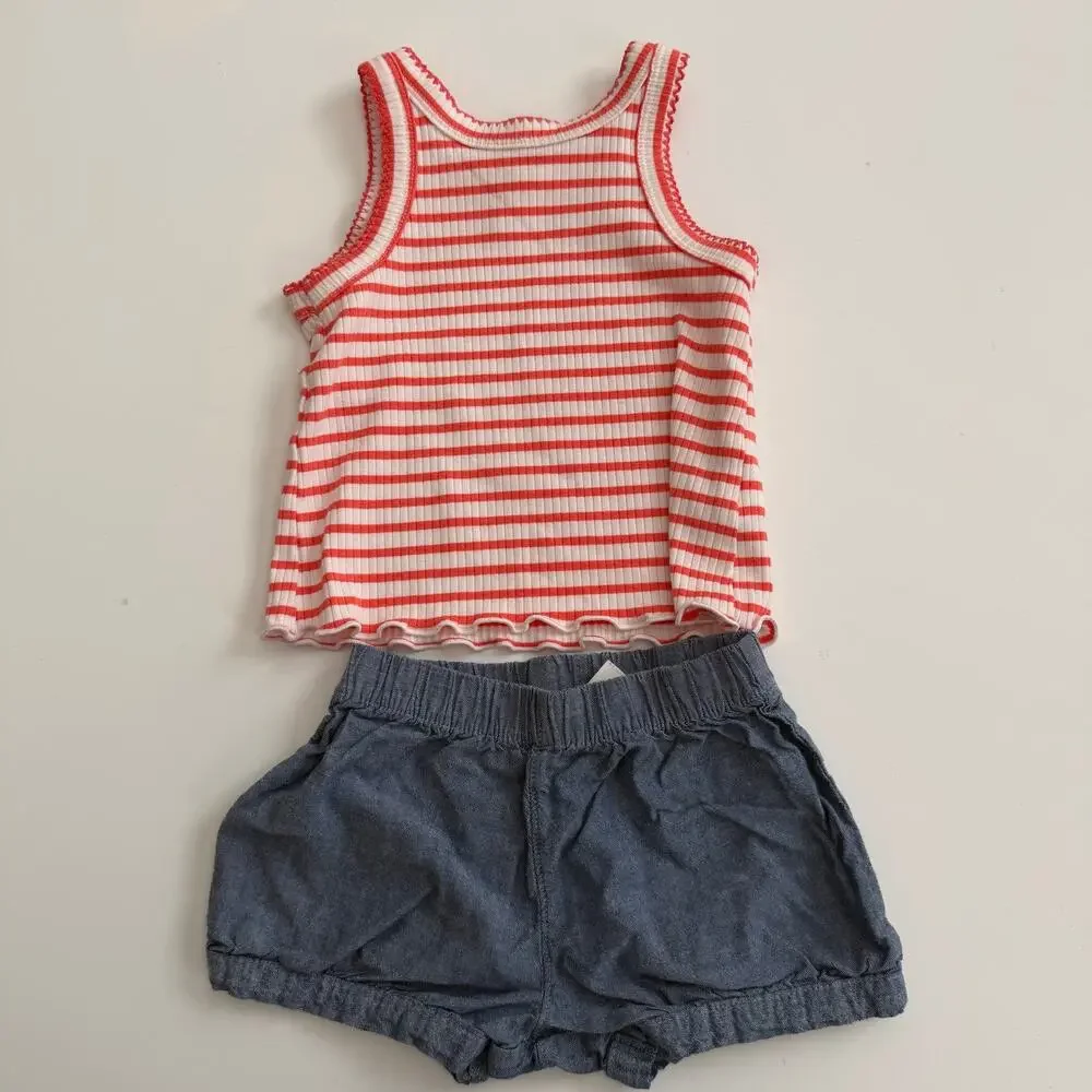 2x Cat & Jack/Carter’s red white stripe tank top blue chambray shorts July 4th